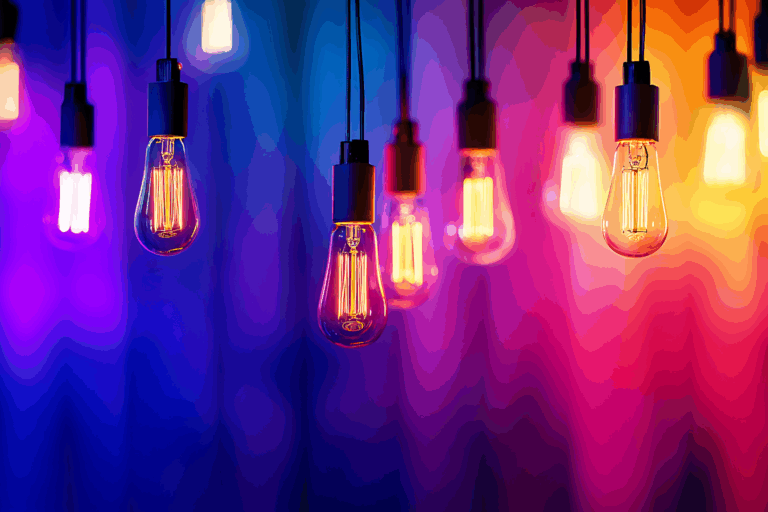 Colorful hanging light bulbs glowing against a vibrant gradient background symbolizing creative brand energy.