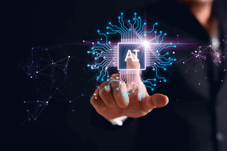 Businessperson interacting with a glowing AI microchip interface, symbolizing artificial intelligence in digital strategy