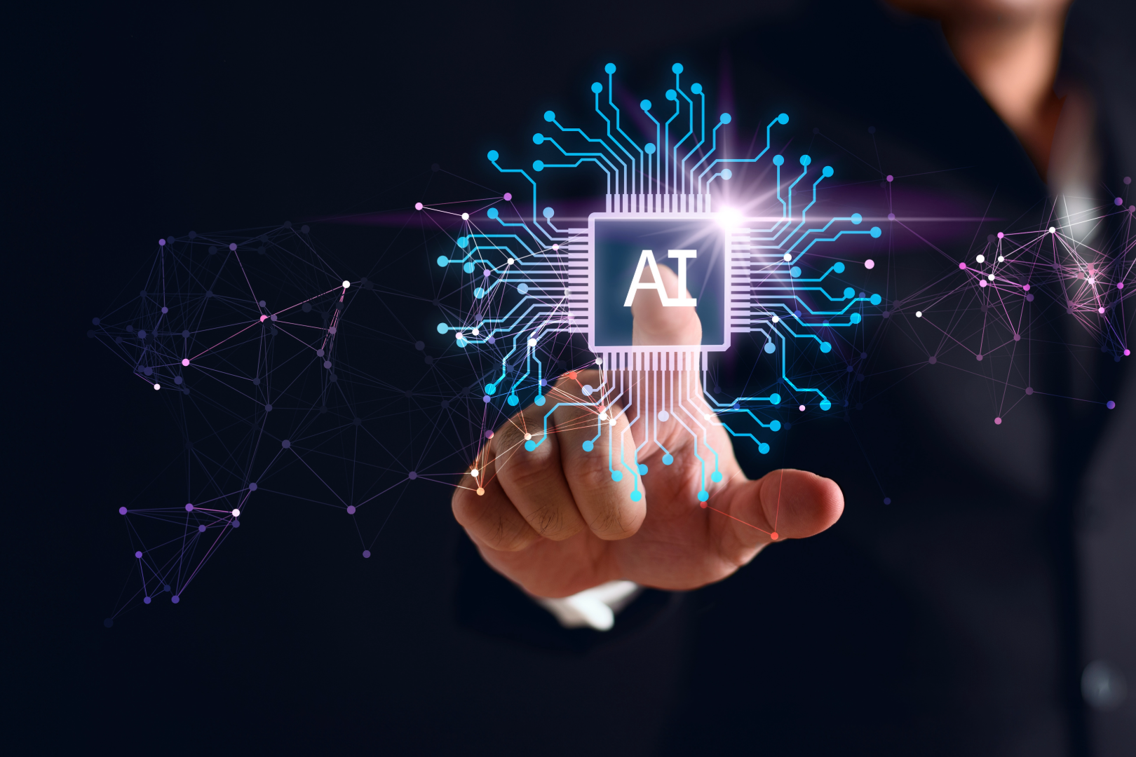 Businessperson interacting with a glowing AI microchip interface, symbolizing artificial intelligence in digital strategy